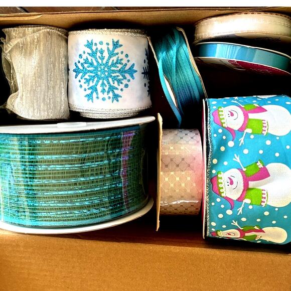 Lot of 8 Blue & Silver Decorative Holiday Ribbons Snowman Glitter Foil Wired VTG - Picture 4 of 12